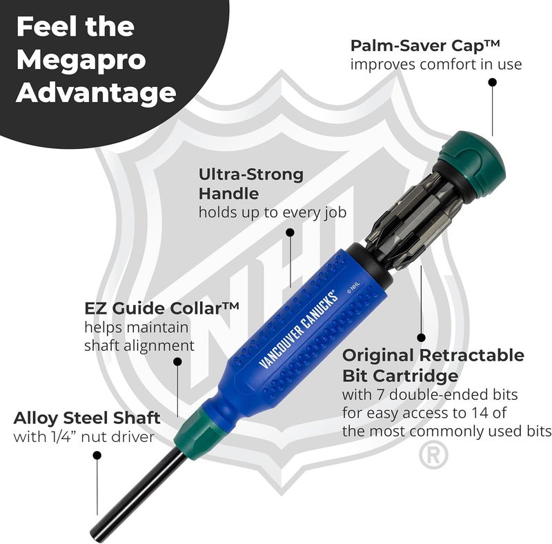 Megapro ® NHL® Team Edition Multi-bit Screwdriver | Officially Licensed NHL® Gear | Durable, Ergonomic, Pro-Grade Screwdriver (Vancouver Canucks®) - Image 4